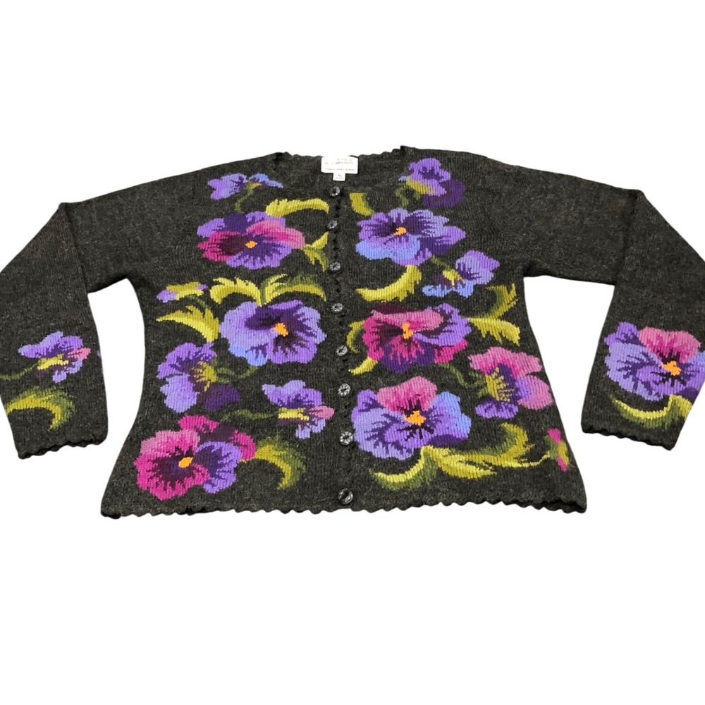 Alpaca Imports Cardigan Sweater Womens XL Gray Floral Alpaca Wool Hand Made Peru